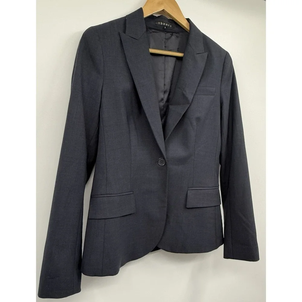 Theory Women's Staple Wool Blend Blazer Sky Blue SZ 8 Career Capsule Office EUC